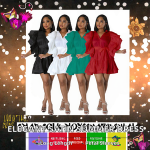 K10376 Vestido Casual Elegante de Satén para Mujer, Nuevo Modelo de Verano, Color Sólido, Cuello en V, Línea A, Largo hasta el Suelo, con Volantes y Mangas de Pétalo - Product Image 2