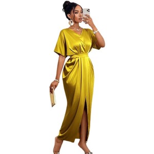 Wholesale Elegant <strong>Dress</strong> for <strong>Women</strong> Asymmetrical V-neck Short-sleeve High-waisted One-step Slit Long Skirt - Product Image 3