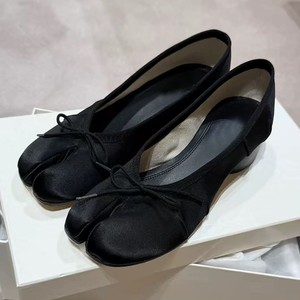 French Style Bow Split-Toe Satin <b>Block</b> Heel Ballet Flats Versatile Low Vamp Casual Shoes for Women - Product Image 1