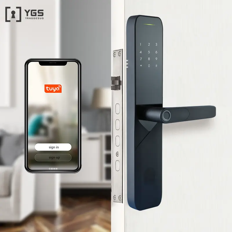 Ygs fechadura de porta, fabricante de novo design inteligente fechadura de impressão digital alça de porta ttlock tuya app fechadura de porta inteligente