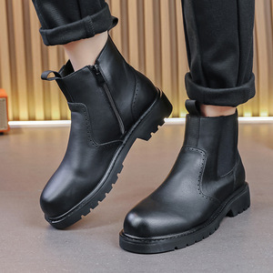 Zapatos de Cuero Negro de Color Sólido, Tendencia 2026, para Hombre, Botas Retro de Caña Alta con Suela Gruesa, Tallas Grandes - Product Image 4