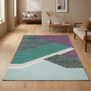 Tapis contemporain à blocs de couleur, design géométrique abstrait bleu sarcelle et violet, tapis de designer moderne - Product Image 1