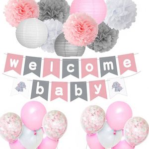 Banderola de Bienvenida para Fiesta Temática Rosa, Decoraciones de Elefante con Pompones para Baby Shower de Niña - Product Image 1