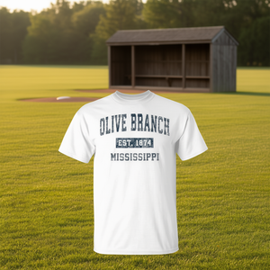 T-shirt imprimé vintage Olive Branch Mississippi Est 1874, motif sportif bleu marine - Product Image 3