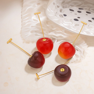 Resin Cherry Drop <b>Earrings</b> | 18K PVD Gold Plated Stainless Steel T-Bar <b>Posts</b> | Trendy Minimalist Jewelry for Women & Girls - Product Image 2