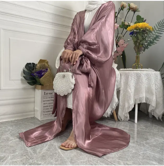 High-quality satin open abaya wholesale dresses solid color shiny fabric women abaya Dubai