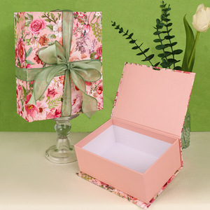 Floral Rigid <b>Gift</b> Box With Ribbon <b>Bow</b> For Cosmetic Packaging Custom OEM Die Cut Printing - Product Image 2