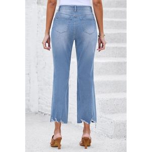 2025, pantalones vaqueros acampanados recortados de cintura alta a la moda para mujer, pantalones vaqueros con dobladillo crudo desgastados elásticos, diseño rasgado con características transpirables - Product Image 6