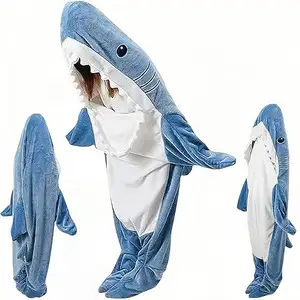 工厂柔软舒适冬季法兰绒鲨鱼可穿戴毯子鲨鱼睡袋电视毯连帽服装成人男女礼品