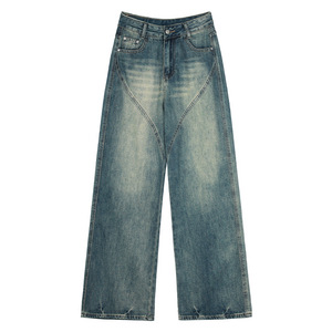 Jeans Vintage Lavati Impermeabili da Donna Taglie Forti con Cuciture Decorative Vita Alta Gamba Larga <span class=keywords><strong>Pantaloni</strong></span> Lunghi - Product Image 1