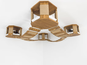 สนามเด็กเล่นเพดานแมวเฟอร์นิเจอร์บ้านสัตว์เลี้ยงไม้พร้อมสะพานปีนเขาชุด4ชุดชั้นวางเตียงไม้แมวไม้ผนังเปลญวน - Product Image 4