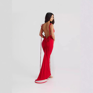 <span class=keywords><strong>Robe</strong></span> longue d'été sexy pour femmes New Rose Splicing Sling Backless Pleated Lace-up Chiffon Fabric Natural Waistline Sequined - Product Image 5