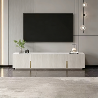 Meuble TV long et minimaliste blanc avec plateau en pierre, centre de divertissement multimédia, meuble TV pour salon
