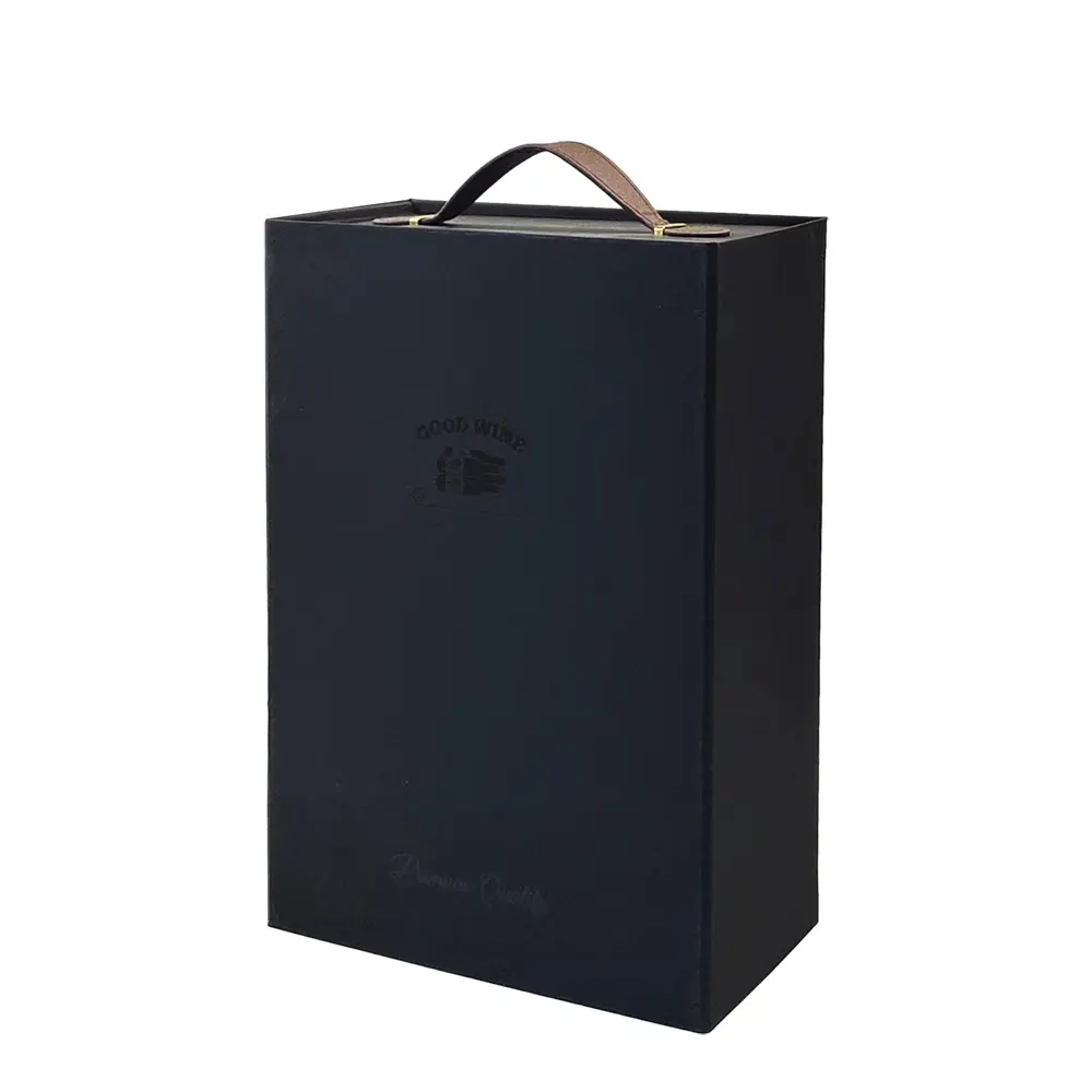 La mejor opción Juego de Bodas de papel revestido Premium de lujo negro Embalaje de gran capacidad Venta al por mayor portátil con asa Caja de regalo de vino