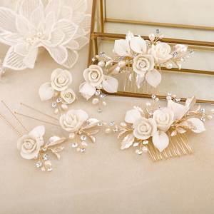 2023 céramique fleur épingle à <span class=keywords><strong>cheveux</strong></span> ensemble doux feuille d'or peignes latéraux coiffure de mariage de mariée <span class=keywords><strong>avec</strong></span> couronnes et couronnes et diadèmes accessoire - Product Image 3