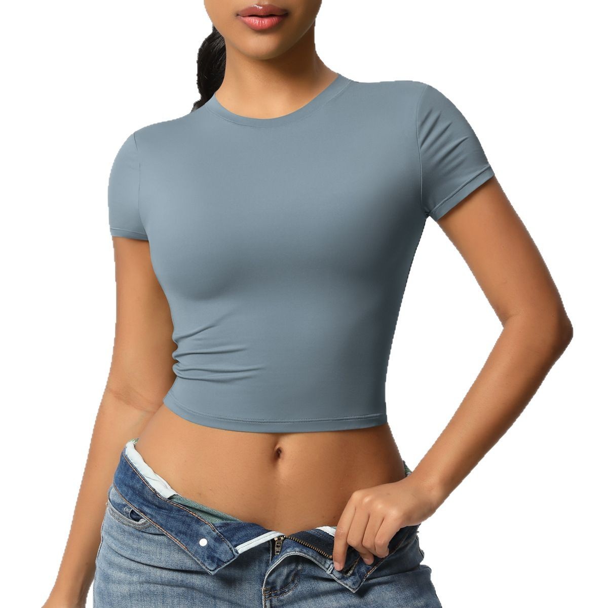 Women's Cross-border Double-sided Spandex/Nylon Solid Simple Casual Tight-fitting Quick-drying Pilates Top Yoga Wear