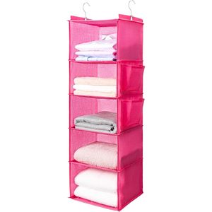 Organizador de armario colgante de 5 niveles con 2 bolsillos laterales, almacenamiento plegable para dormitorio, color rosa - Product Image 1