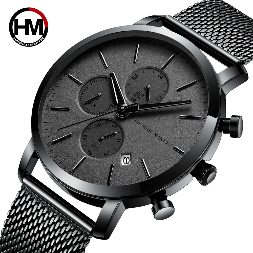 HANNAH MARTIN HM-109 Famous Brand Men Quartz Watch Chrono Date Stainless Steel Band Custom Logo Men Wrist Watches