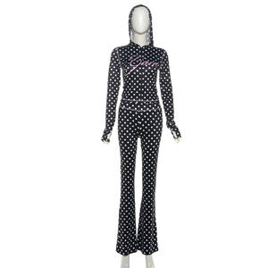 C2022 inverno nuovo Set da donna con Top e pantaloni con cappuccio stampa a pois 2 pezzi - Product Image 4