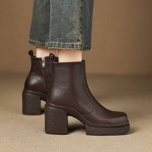Botines de Moda para Mujer, Estilo Clásico Francés Retro, Color Sólido, Costuras, Tacón Cuadrado, Parte Superior de Cuero Genuino, Suela de Goma - Product Image 5