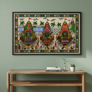 Peinture traditionnelle artisanale Pattachitra sur bois rectangulaire, représentant le défilé de Jagannath, pour la décoration intérieure du salon. - Product Image 4