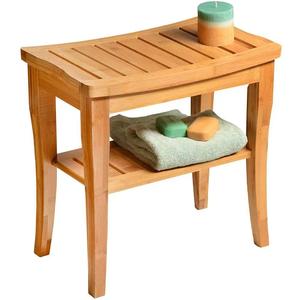 Tabouret de salle de bain en bambou, étagère de rangement à 2 niveaux, banc de douche en bois, couleur bois naturel, usage domestique - Product Image 1