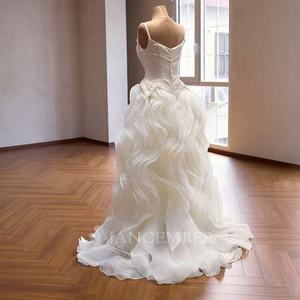 Robe de mariée formelle Jancember 261046 en tulle à volants, avec bretelles spaghetti, motif losanges blancs et <span class=keywords><strong>taille</strong></span> basque - Product Image 4