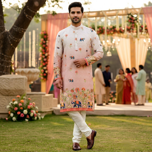 Ensemble Kurta Pyjama pour homme, imprimé numérique, longueur genou, tenue traditionnelle ethnique pour mariage - Product Image 1