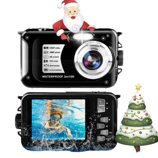 4K Underwater Camera 64MP 10FT Waterproof CMOS Sensor 27-inch Screen 16X Zoom Autofocus Anti-Shake Fill Light 32GB MicroSD Card