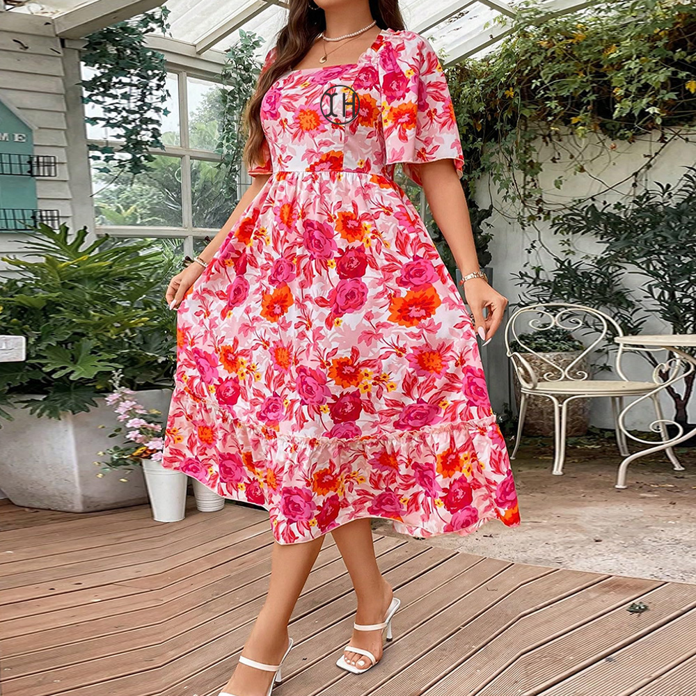 Customize Ladies Plus Size Floral Dress Flutter Sleeve Ruffle Square Neck  A-line Dresses Casual Tiered Summer Dress