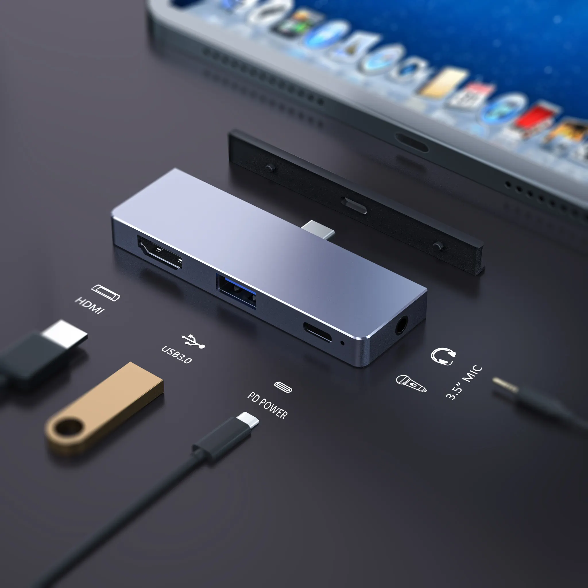 Vip HUB Tipe C Pad 4 IN 1 Portabel Eksklusif dengan Dibalut Aluminium atau Notebook USB C Port HUB