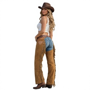 Chaps de cowgirl occidentale pour femme en cuir véritable, avec franges et patch cœur, ceinture intégrée, durables, coupe décontractée, pour l'équitation et le rodéo - Product Image 1