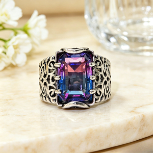 Anello Rettangolare Arcobaleno per Donne, Anello da Dito Vintage alla Moda - Product Image 3