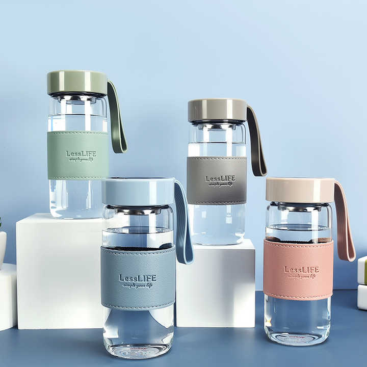 16oz Custom logo 480ml Drinking Bottle Borosilicate Leather Sleeve Glass Water Bottle with Tea Infuser