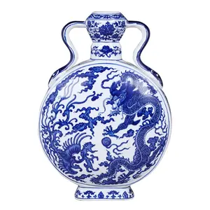 Jingdezhen Keramische Handgeschilderde Blauwe En Witte Drakenpatroon Afgeplatte Vaas Qianlong Vaas