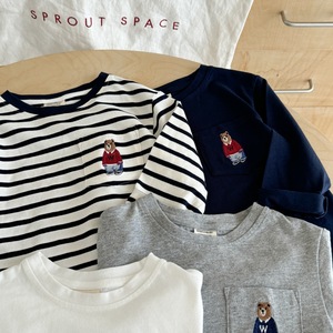 Children's Long Sleeve T-Shirt Bear Pocket Cotton Jersey Autumn Wear Boys Striped Inner Layer Top White Gray Navy Blue - Product Image 3