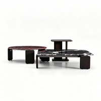 Ensemble de tables basses modernes de luxe en pierre naturelle, plateau en marbre violet noir, pieds en bois de frêne, tables gigognes