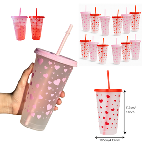 Bicchieri di Plastica a Forma di Cuore per San Valentino con Coperchi e Cannucce, Tumbler Riutilizzabile da 24 oz per Compleanni, Matrimoni, Addii al Nubilato e Feste - Product Image 1