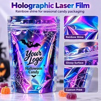 Sachet Mylar holographique personnalisé pour Halloween, anti-odeur, effet laser arc-en-ciel, pour bonbons gélifiés 3,5g, pochette à fermeture éclair verticale, sans frais de plaque