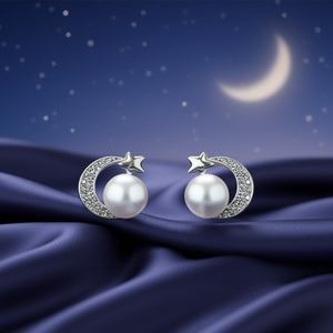 Orecchini a perno con luna e stella, perle finte bianche, argento 925 placcato rodio, gioielli da donna carini per tutti i giorni - Product Image 2