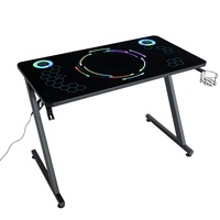 Mesa de Juego Moderna y Resistente con Marco Metálico en Forma de Z, Luces RGB, Portavasos y Superficie de Vidrio para Configuración de eSports, Escritorio para Juegos de Carreras y Computadora
