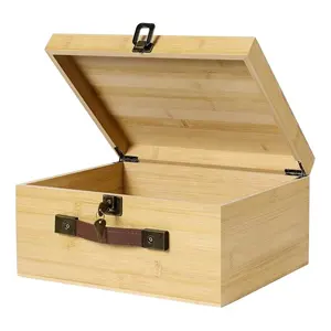 大型竹木礼品盒工艺用品木质10x9艺术木盒带锁钥匙铰链盖聚氨酯皮革手柄有盖