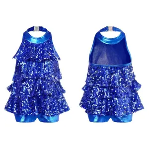 Custom Kids Girls Halter Shiny paillettes Ballet Dance Shorty Unitard Dress Jazz Latin Dance Costumes