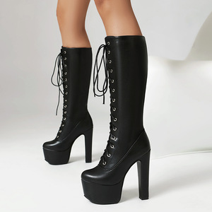 Women's <b>Knee</b>-<b>High</b> Platform Boots Lace-Up Round Toe Chunky Heel Pu Material All Seasons Solid Color Drop Shipping - Product Image 5
