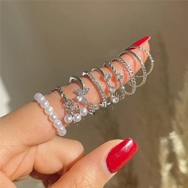 Mode hohle Schmetterling Ring Set für Frauen Vintage geometrische Ringe Perlen Perle Finger Schmuck Ehering Party Geschenke