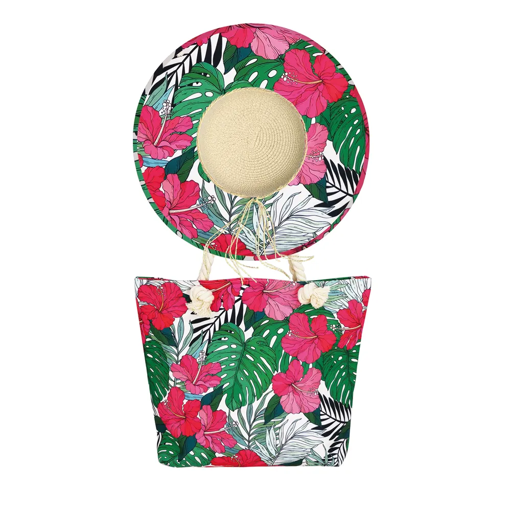 ODM tasarım pembe flora tuval tote çanta maç hasır şapkalar kullanımlık tropikal çiçek tote çanta ve eşleşen şapka