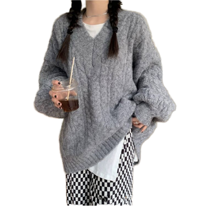 <span class=keywords><strong>Pull</strong></span> d'hiver décontracté pour femme avec design de câble à col en V Nouveau <span class=keywords><strong>pull</strong></span> tricoté en cachemire ample Logo avant - Product Image 6