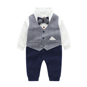 Combinaison bébé garçon à carreaux, style smoking, tenue de gentleman formelle avec nœud papillon pour baptême, combinaison bébé confortable - Product Image 5