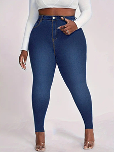 Pantalon en <span class=keywords><strong>Jean</strong></span> Extensible Bleu Foncé pour Femmes Rondes, <span class=keywords><strong>Jean</strong></span> Crayon Couleur Unie Coupe Slim Lavé pour Maman - Product Image 6