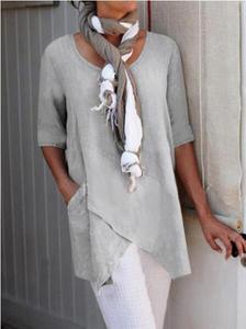 Plus Size nuove camicette tascabili Vintage da <span class=keywords><strong>donna</strong></span> <span class=keywords><strong>T</strong></span> -<span class=keywords><strong>shirt</strong></span> a maniche medie <span class=keywords><strong>in</strong></span> cotone e <span class=keywords><strong>lino</strong></span> con scollo a o irregolare - Product Image 5